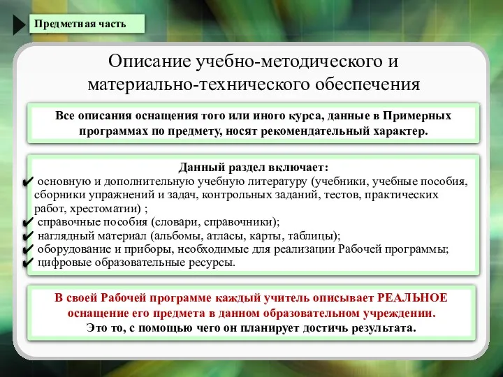 Предметная часть Описание учебно-методического и материально-технического обеспечения Данный раздел включает: