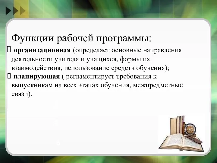 3 4 4 5 6 Функции рабочей программы: организационная (определяет