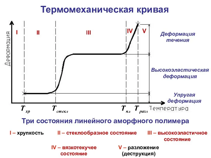 Термомеханическая кривая Три состояния линейного аморфного полимера Упругая деформация Высокоэластическая