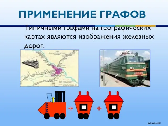 ПРИМЕНЕНИЕ ГРАФОВ Типичными графами на географических картах являются изображения железных дорог. дальше