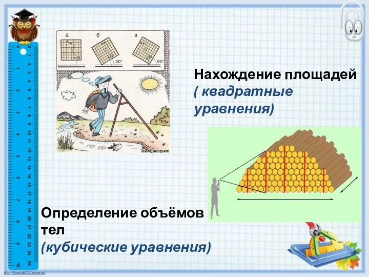 Нахождение площадей ( квадратные уравнения) Определение объёмов тел (кубические уравнения)