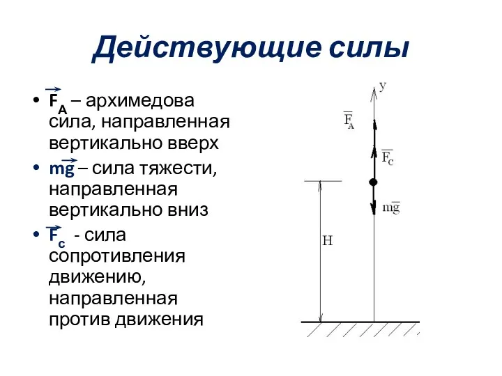 Действующие силы FА – архимедова сила, направленная вертикально вверх mg