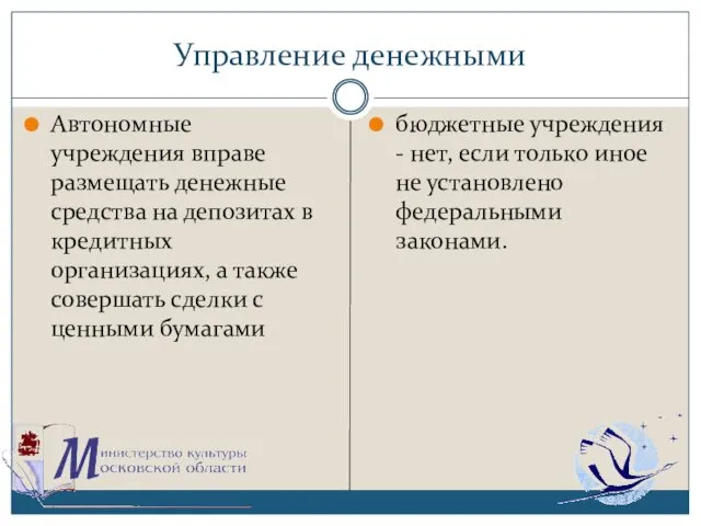 Управление денежными Автономные учреждения вправе размещать денежные средства на депозитах