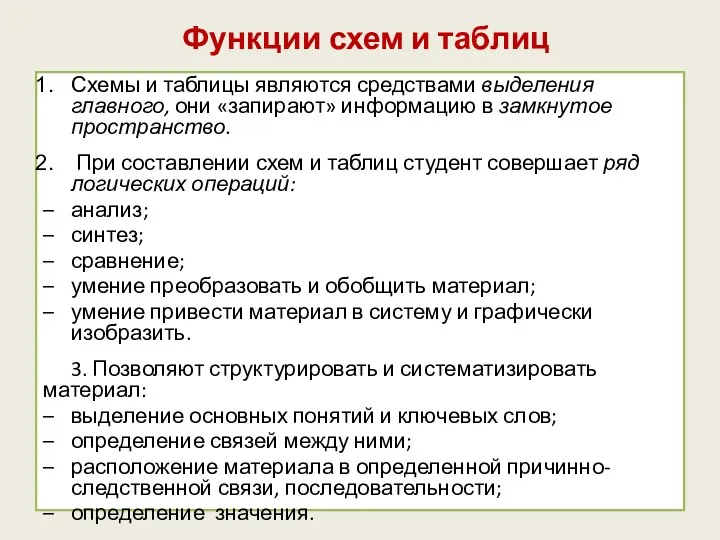 Функции схем и таблиц Схемы и таблицы являются средствами выделения