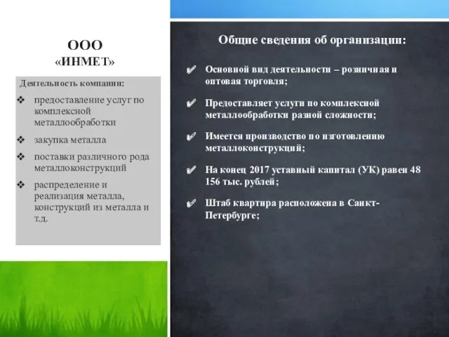 ООО «ИНМЕТ» Общие сведения об организации: Основной вид деятельности –