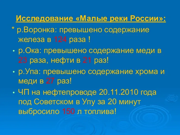 Исследование «Малые реки России»: * р.Воронка: превышено содержание железа в