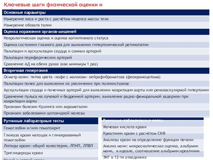 Ключевые шаги физической оценки и лабораторные тесты
