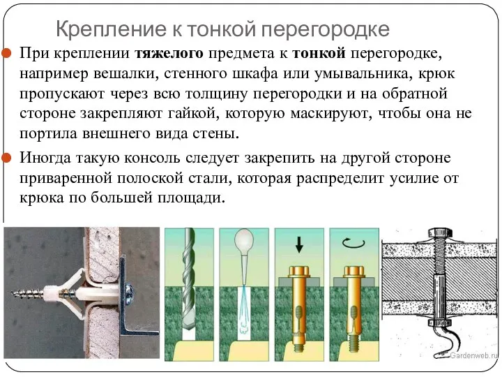 Крепление к тонкой перегородке При креплении тяжелого предмета к тонкой