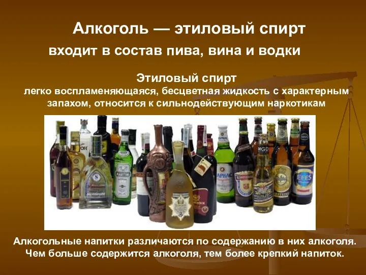 Алкоголь — этиловый спирт входит в состав пива, вина и