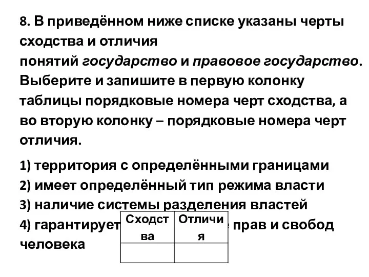 8. В приведённом ниже списке указаны черты сходства и отличия