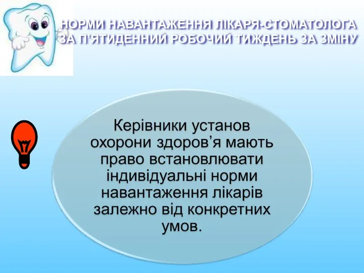 НОРМИ НАВАНТАЖЕННЯ ЛІКАРЯ-СТОМАТОЛОГА ЗА П’ЯТИДЕННИЙ РОБОЧИЙ ТИЖДЕНЬ ЗА ЗМІНУ