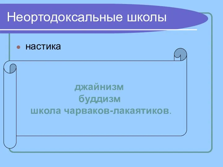 Неортодоксальные школы настика джайнизм буддизм школа чарваков-лакаятиков.