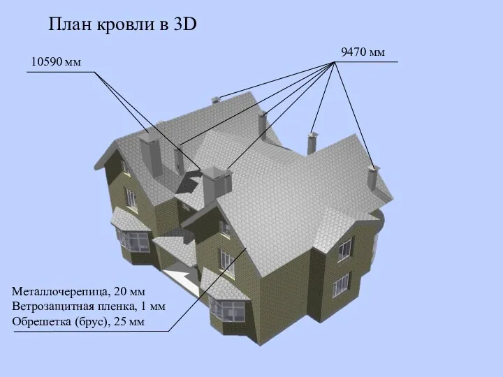 План кровли в 3D 9470 мм 10590 мм Металлочерепица, 20