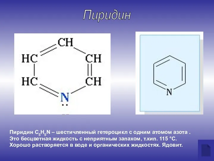 Пиридин С5H5N – шестичленный гетероцикл с одним атомом азота .
