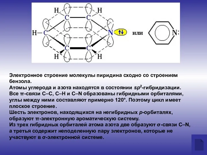 Электронное строение молекулы пиридина сходно со строением бензола. Атомы углерода