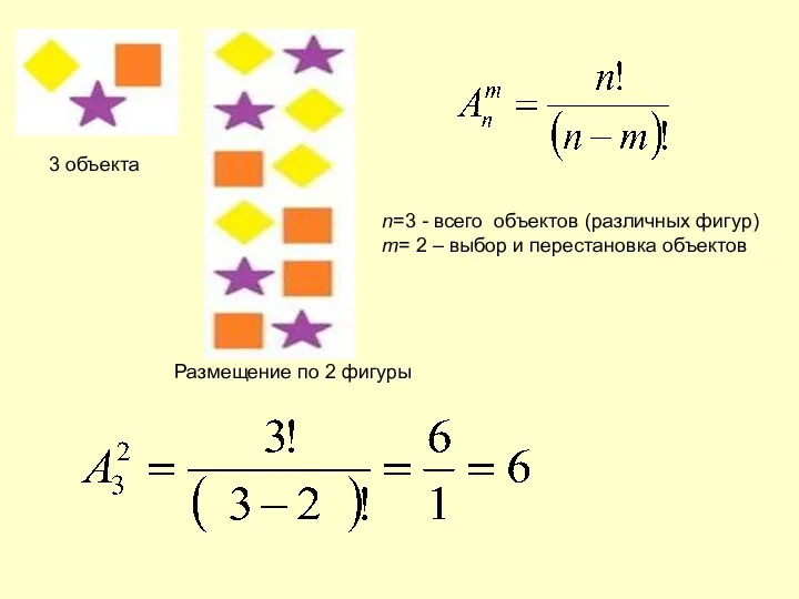 n=3 - всего объектов (различных фигур) m= 2 – выбор