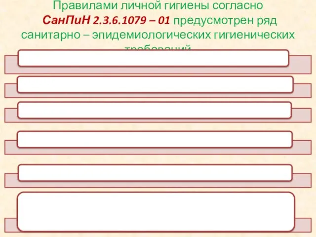 Правилами личной гигиены согласно СанПиН 2.3.6.1079 – 01 предусмотрен ряд санитарно – эпидемиологических гигиенических требований