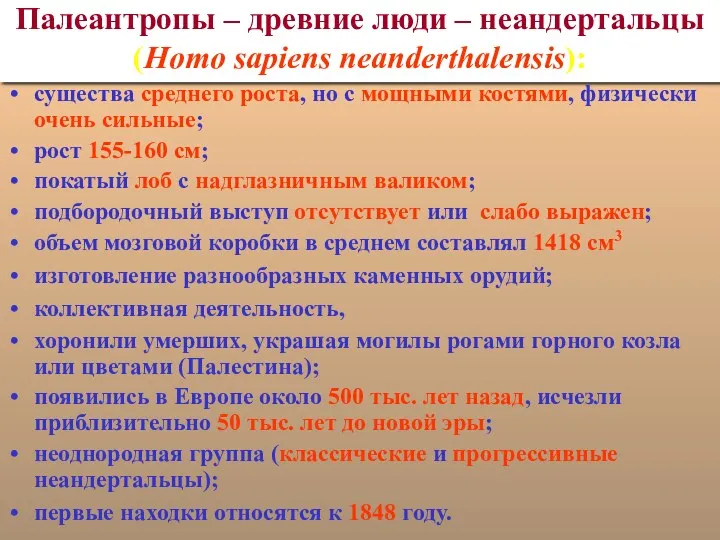 Палеантропы – древние люди – неандертальцы (Homo sapiens neanderthalensis): существа