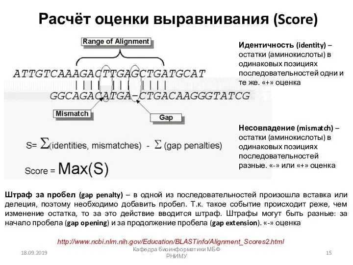 Расчёт оценки выравнивания (Score) 18.09.2019 Кафедра биоинформатики МБФ РНИМУ http://www.ncbi.nlm.nih.gov/Education/BLASTinfo/Alignment_Scores2.html Идентичность (identity) –