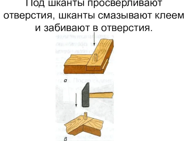 Под шканты просверливают отверстия, шканты смазывают клеем и забивают в отверстия.