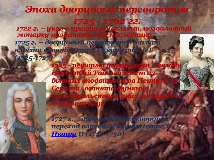 Эпоха дворцовых переворотов 1725 - 1762 гг. 1722 г. –