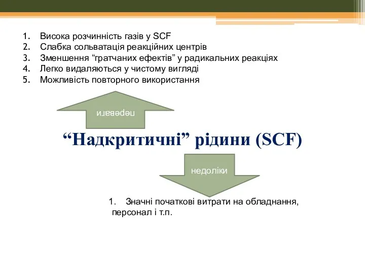 “Надкритичні” рідини (SCF) переваги Висока розчинність газів у SCF Слабка