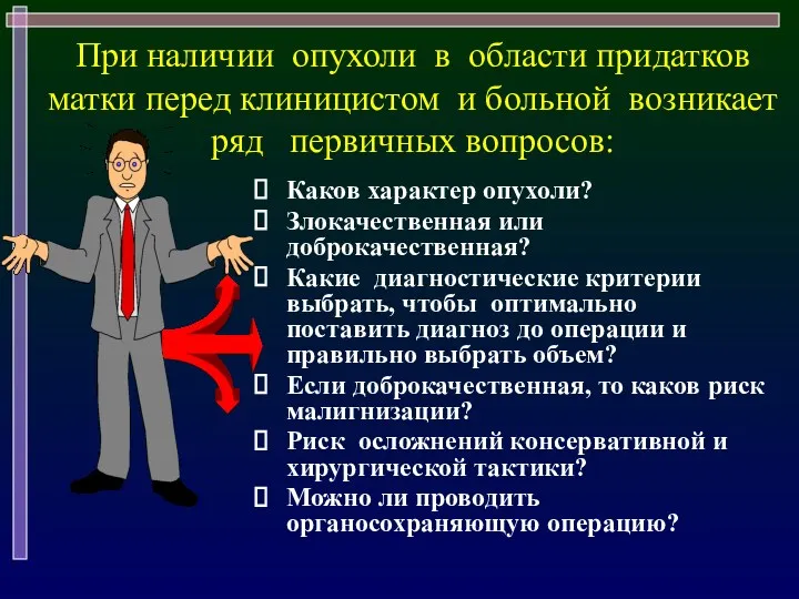 При наличии опухоли в области придатков матки перед клиницистом и