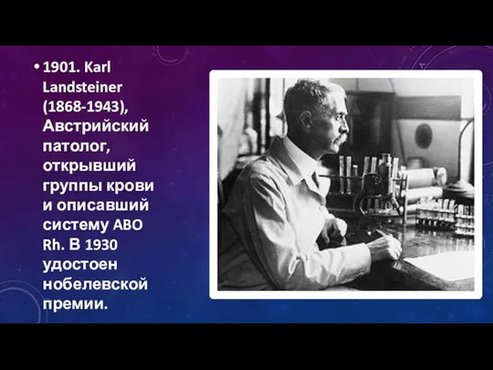 1901. Karl Landsteiner (1868-1943), Австрийский патолог, открывший группы крови и описавший систему ABO