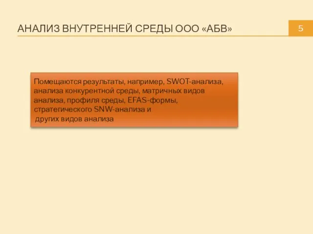 АНАЛИЗ ВНУТРЕННЕЙ СРЕДЫ ООО «АБВ» 5 Помещаются результаты, например, SWOT-анализа,