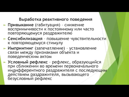 Выработка реактивного поведения Привыкание (габитуация) – снижение восприимчивости к постоянному