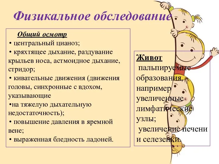 Физикальное обследование Общий осмотр центральный цианоз; кряхтящее дыхание, раздувание крыльев