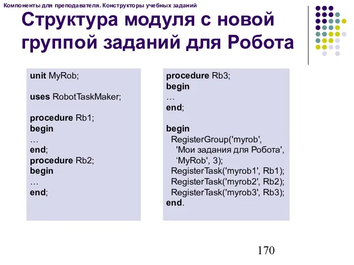 Структура модуля с новой группой заданий для Робота unit MyRob;