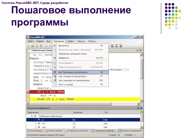 Пошаговое выполнение программы Система PascalABC.NET. Среда разработки