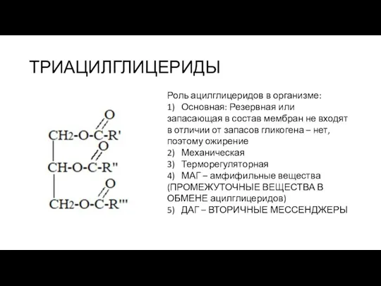 ТРИАЦИЛГЛИЦЕРИДЫ Роль ацилглицеридов в организме: 1) Основная: Резервная или запасающая