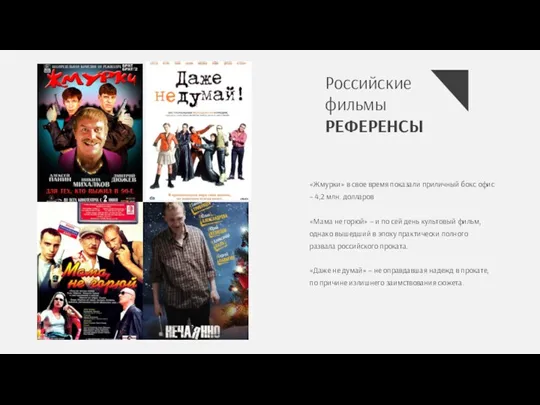 Российские фильмы РЕФЕРЕНСЫ «Жмурки» в свое время показали приличный бокс офис – 4,2