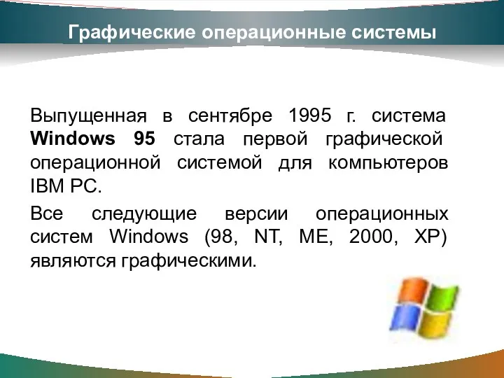 Графические операционные системы Выпущенная в сентябре 1995 г. система Windows 95 стала первой