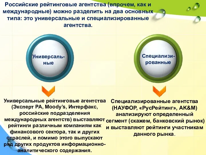 Универсаль-ные Специализи-рованные Российские рейтинговые агентства (впрочем, как и международные) можно