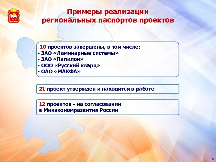 Примеры реализации региональных паспортов проектов 10 проектов завершены, в том