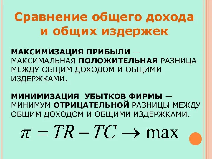 МАКСИМИЗАЦИЯ ПРИБЫЛИ — МАКСИМАЛЬНАЯ ПОЛОЖИТЕЛЬНАЯ РАЗНИЦА МЕЖДУ ОБЩИМ ДОХОДОМ И