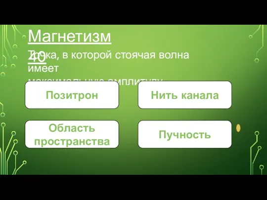 Магнетизм 40 Точка, в которой стоячая волна имеет максимальную амплитуду. Позитрон Пучность Область пространства Нить канала