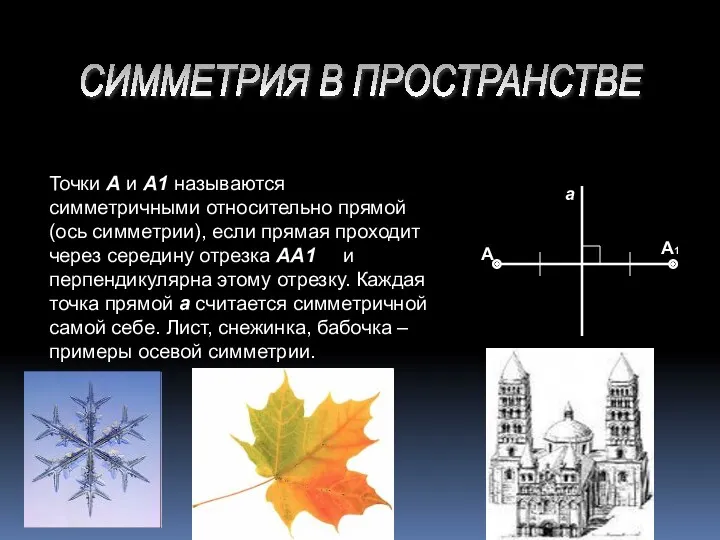 СИММЕТРИЯ В ПРОСТРАНСТВЕ Точки А и А1 называются симметричными относительно