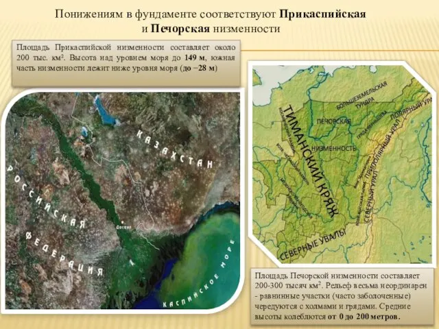 Понижениям в фундаменте соответствуют Прикаспийская и Печорская низменности Площадь Печорской