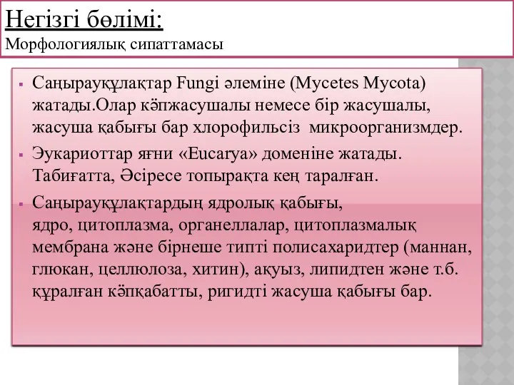 Саңырауқұлақтар Fungi әлеміне (Mycetes Mycota) жатады.Олар кӛпжасушалы немесе бір жасушалы,