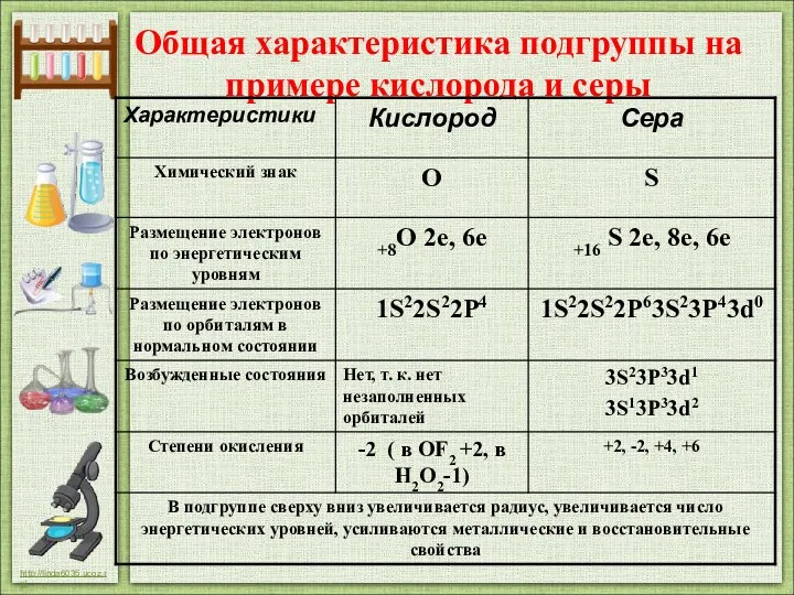 Общая характеристика подгруппы на примере кислорода и серы