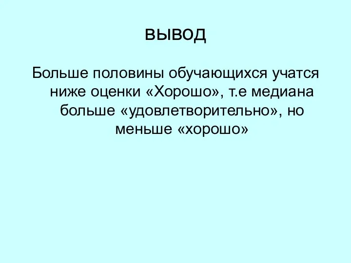 вывод Больше половины обучающихся учатся ниже оценки «Хорошо», т.е медиана больше «удовлетворительно», но меньше «хорошо»