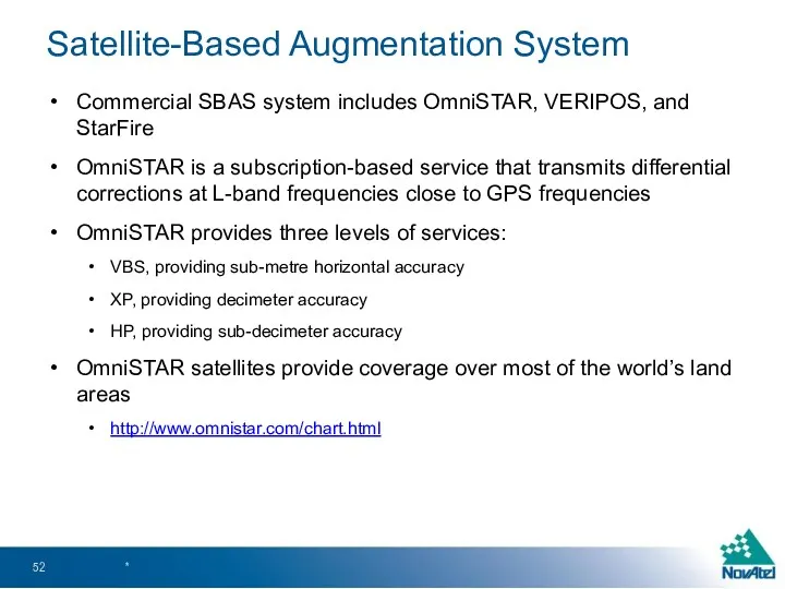 Commercial SBAS system includes OmniSTAR, VERIPOS, and StarFire OmniSTAR is