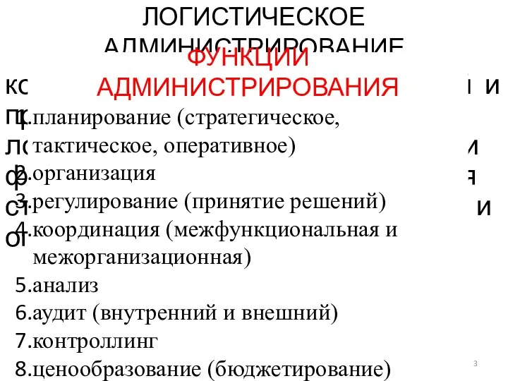 ЛОГИСТИЧЕСКОЕ АДМИНИСТРИРОВАНИЕ комплекс управленческих функций и процедур, осуществляемых логистическими менеджерами