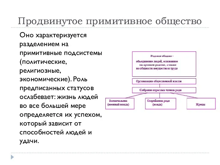 Продвинутое примитивное общество Оно характеризуется разделением на примитивные подсистемы (политические,