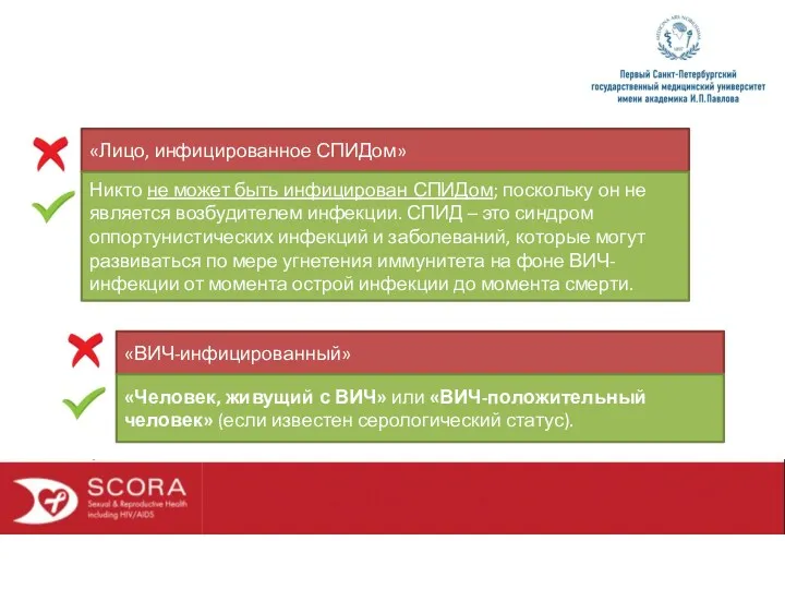 «Лицо, инфицированное СПИДом» Никто не может быть инфицирован СПИДом; поскольку