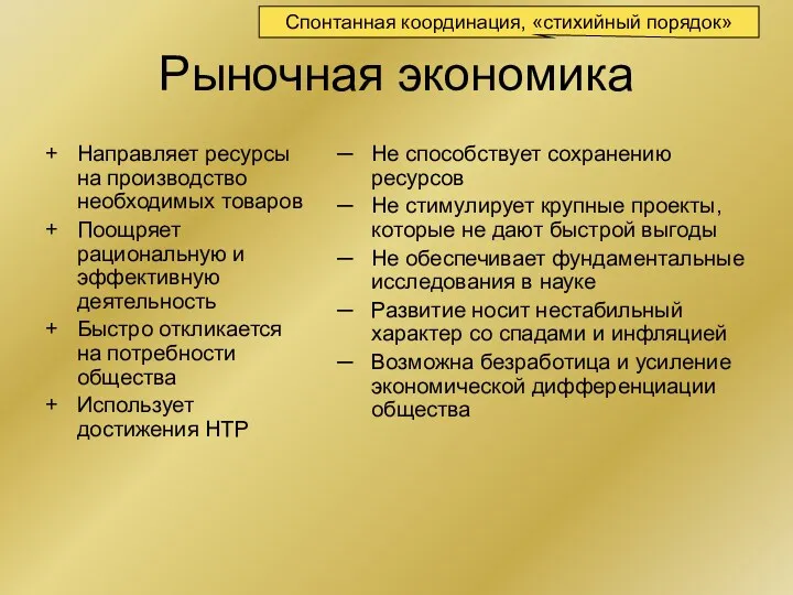 Рыночная экономика Направляет ресурсы на производство необходимых товаров Поощряет рациональную